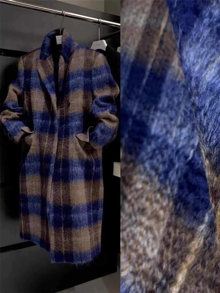 

Brown Blue Water Ripple Plaid Long Wool Alpaca Fabric Fashion Clothing Designer for Diy Sewing Coat Cloth By The Meter