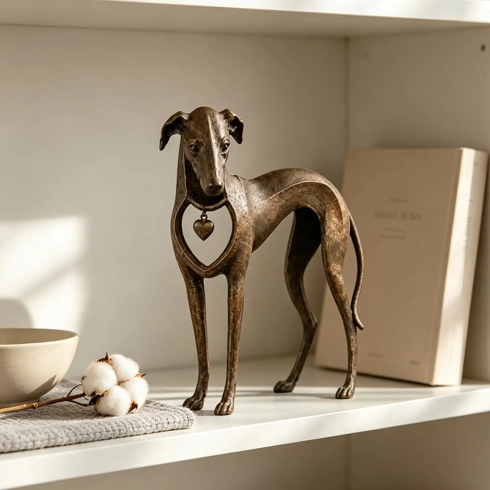 Greyhound Sculpture Resin Dog Figurine Retro Bronze Heart Ornament for Dog Lovers Pet Memorial Living Room Decor