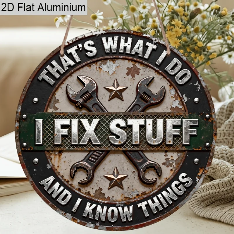 2D Flat, Rusty Style Humor Round Wall Art Sign, I Fix Stuff That'S What I Do And I Know Things Sign, Great Gift for Father'S Day
