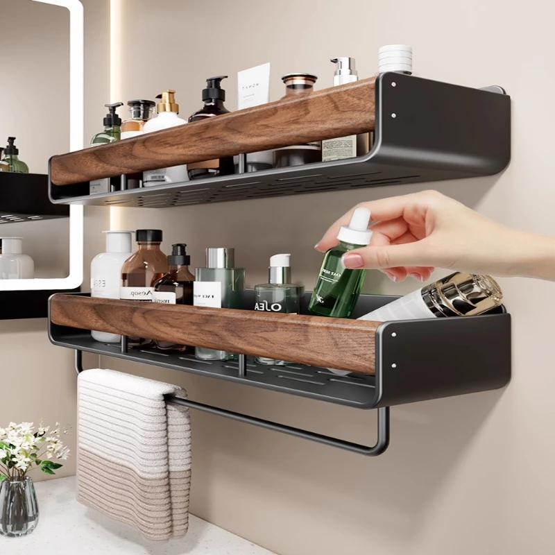 Walnut Bathroom Shelf, Wall-Mounted Towel Rack with Drain Design, No-Drill Organizer for Toiletries, Ventilated Structure