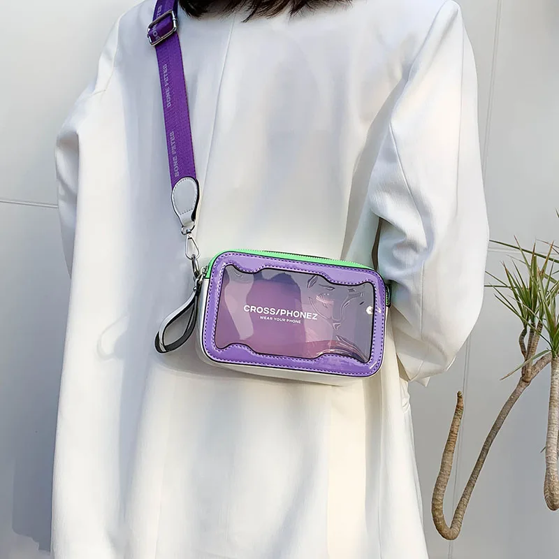 Korean Cute Transparent Jelly Women Shoulder Designer Small Flap Bag Candy Color Clear Pvc Wide Strap Crossbody Messenger Bag