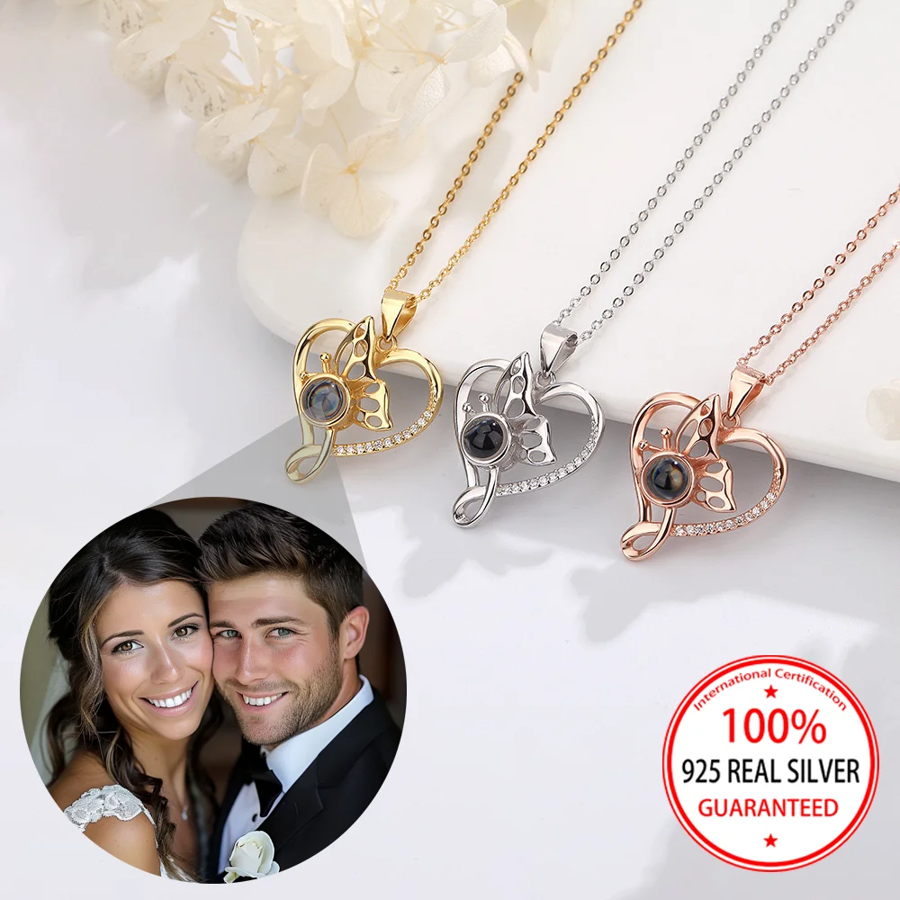 925 Sterling Silver Custom Color Picture Projection Heart Butterfly Pendant Necklace Valentine Day Surprise Gift For Girlfriend