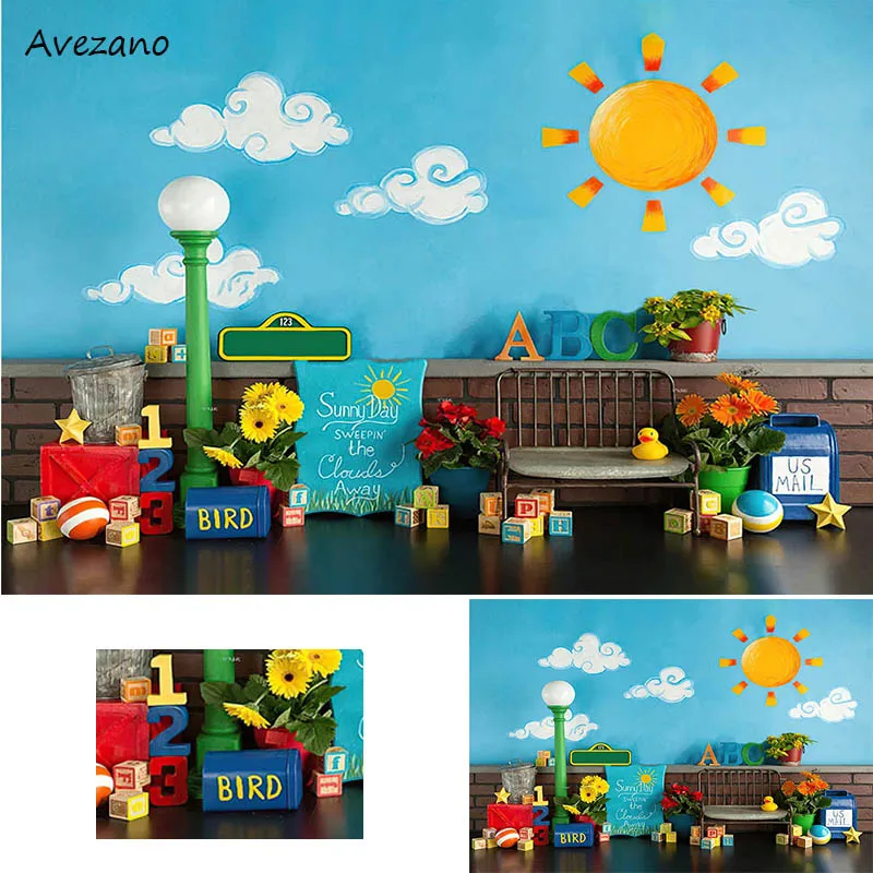 Avezano Backgrounds for Photography Blue Sky Kindergarten Back To School Boy Birthday Portrait Backdrop Photo Studio Decor Props