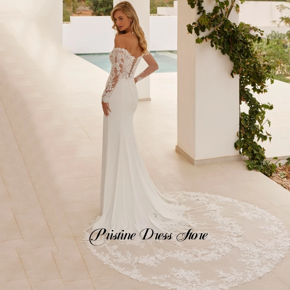 تخصيص المرأة غمد فستان الزفاف الرسمي قبالة الكتف الدانتيل يزين قطار المحكمة طويلة الأكمام مثير فستان زفاف بدون حمالات #2