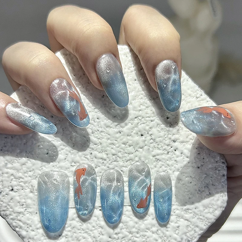 10 pezzi fata glitter occhio di gatto pressa fatta a mano sulle unghie ghiacciaio blu sottomarino koi acqua ondulazione unghie finte rimovibili riutilizzabili