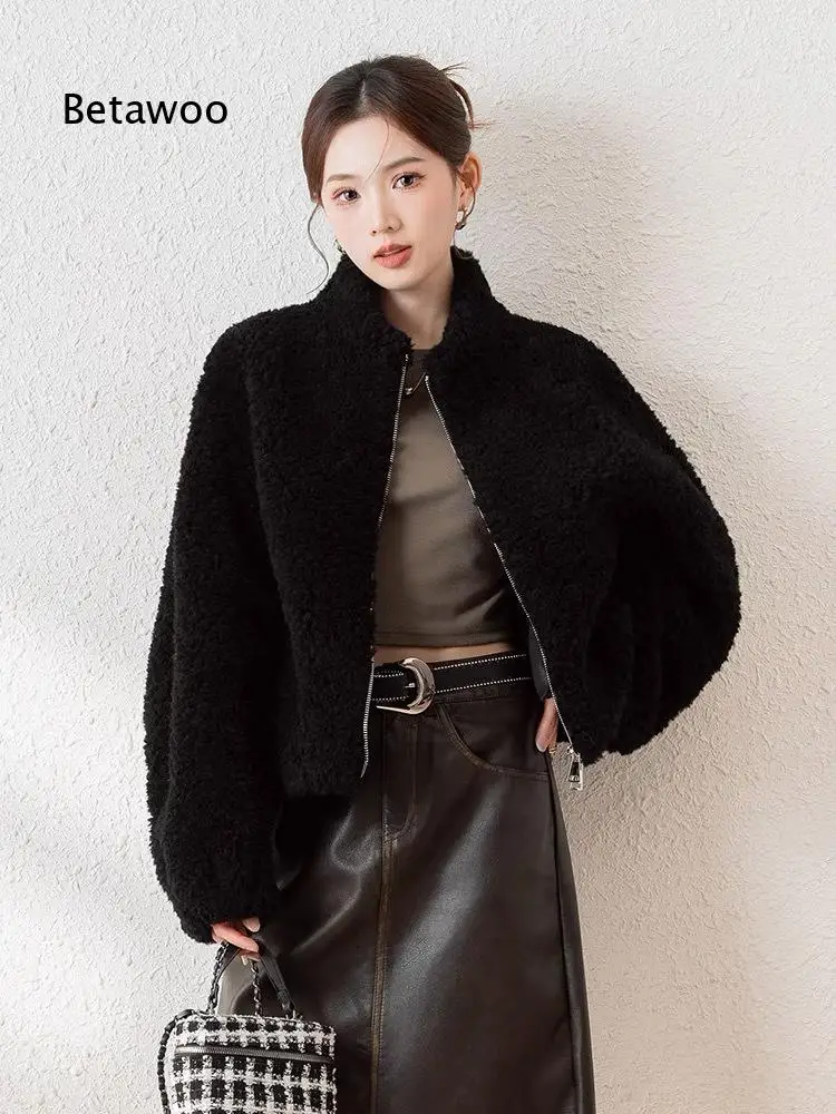 Womens short lamb wool faux fur overcoat stand collar zipper closure integrated shearling outerwear fashionable autumn winter d