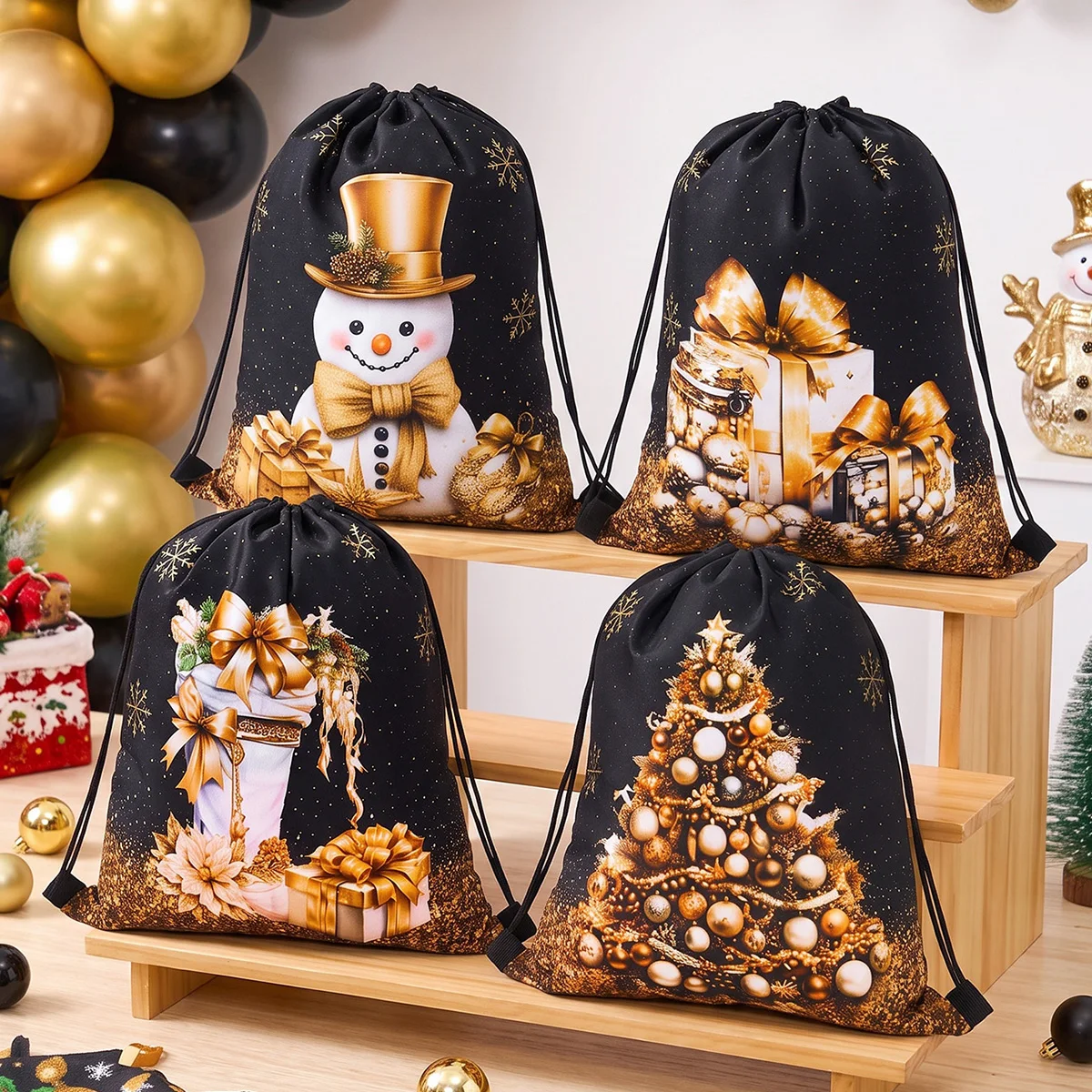 Christmas Black Golden Drawstring Bags Merry Christmas Decor for Home 2026 Xmas Gift Packaging Bags Navidad Natal New Year 2027