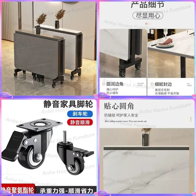 Foldable Dining Table Sintered Stone Top Ultra Thin Retractable Extendable Kitchen Table for Small Apartment Space Saving