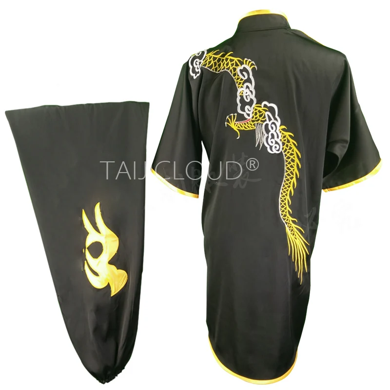 Long Fist Stick Diamond Summer Clothing, Tailored Short Sleeve, Embroidery Flower, Dragon Black, Adult and Children, Martial Art