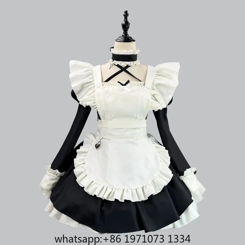 S -5XL Sweet Gothic Maid Dress with Lace and Bubble Sleeve Cosplay Costume Housekeeper Maid Dress Cafe Attendant Suit