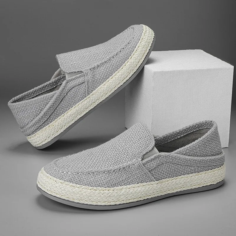 2023Men Casual Canvas Shoes Flats Heels Cartoon Linen Male Espadrille Fisherman Shoes Boys Flats Plimsolls Loafers Driving