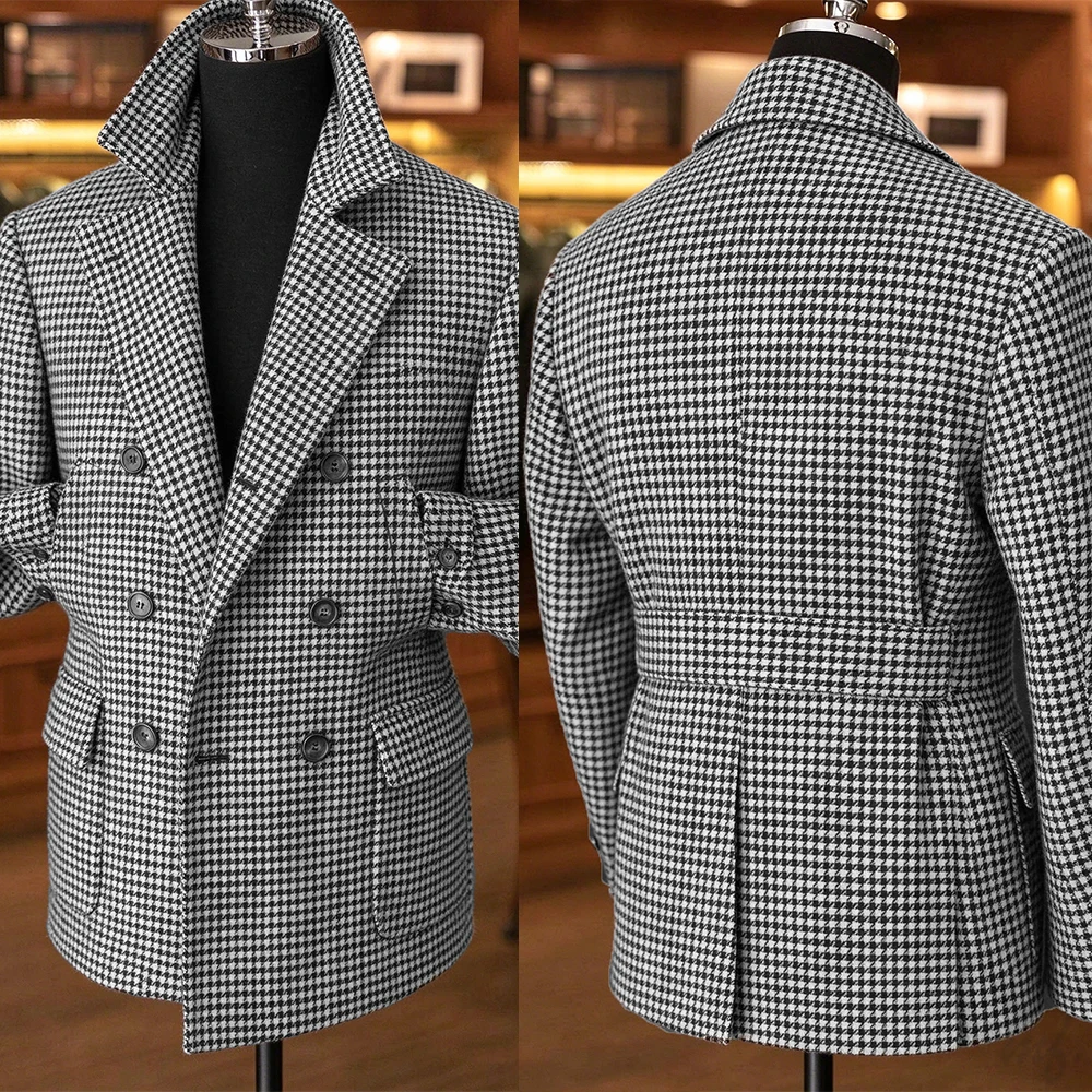 Luxury Houndstooth Men's Coat Double Breasted Trench Coat Party Prom Customized Formal Long Overcoat E26317
