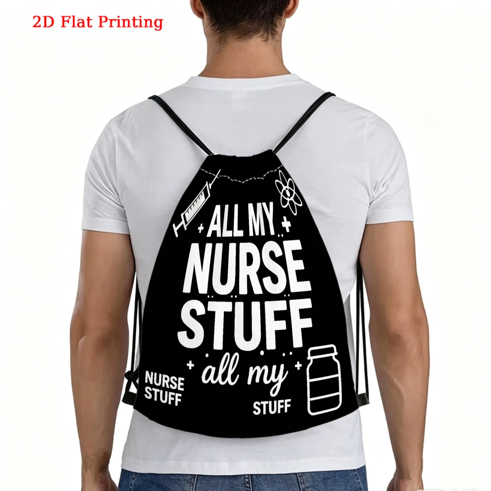 Nurse Themed, Drawstring Backpack, All My Nurse Stuff Graphic Print, Fitness Sports Bag, Outdoor Travel Cinch Sack