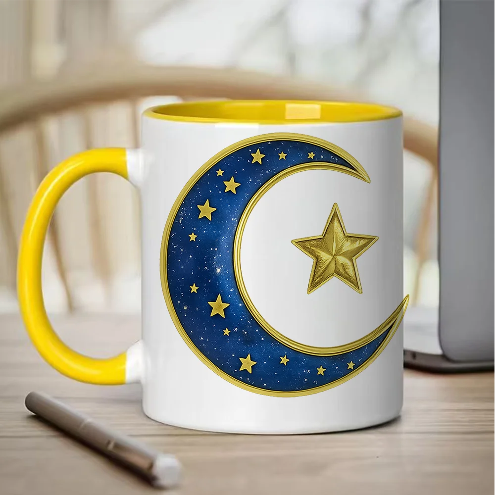 11oz Ceramic Coffee Mug with Blue Moon and Gold Star Pattern Perfect for Home Use Holiday Party Favor Christmas Birthday Present