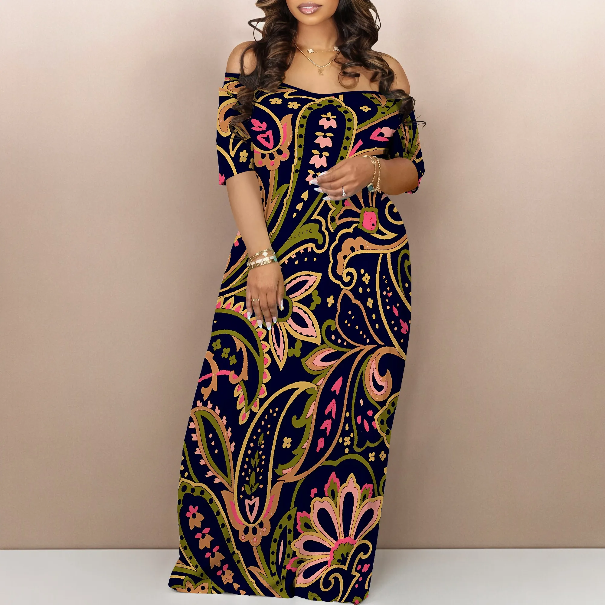 

Nupusa Paisley Print Dress for Women Summer Casual Off - Shoulder Half Sleeve Maxi Dress