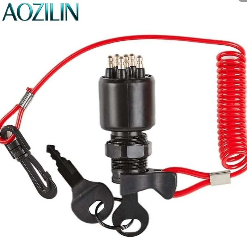 AOZILIN Ignition Key Switch 5005801 Replace 175974 With Safety Lanyard For BRP Johnson Evinrude OMC Outboard Motor