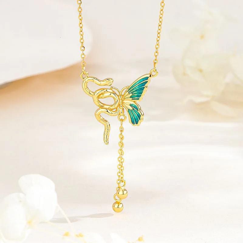 New Chinese style enamel snake butterfly color 18K necklace high-end fashion personality and snake dance necklace AU750 pendant