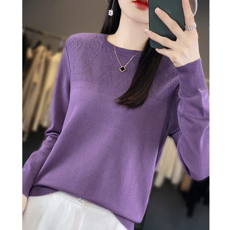 

Women Cotton Sweater O-Neck Pullover Autumn Winter Hollowed Out Jacquard Long Sleeve Knitwear Slim Warm Bottoming Tops New Soft