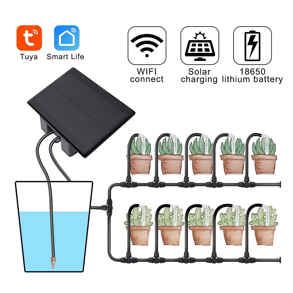Tuya WiFi Solar Water Pump Timer Automatic Drip Irrigation Kit Watering Timer Mobile Phone Remote Control Irrigation System