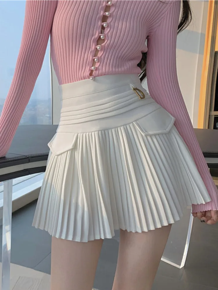 

2022 Summer New Pleated Skirts Women High Waist Mini Skirt Metal Letter D Design A-Line Clubwear Korean Casuak Streetwear Skirt