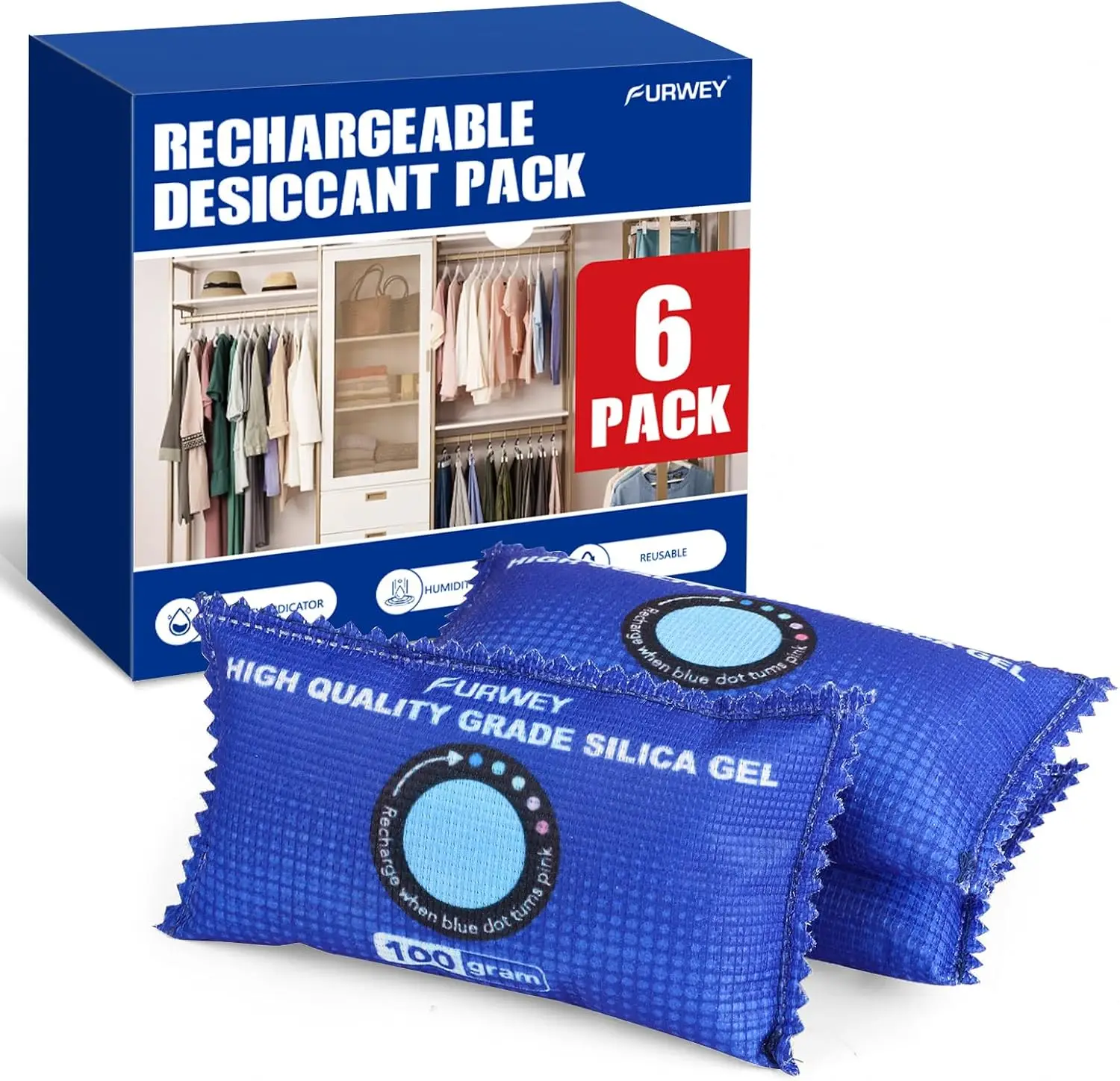

100g [ 6 Packs] Rechargeable Desiccant Packs for Storage, Color Indicating Silica Gel Desiccant Packets