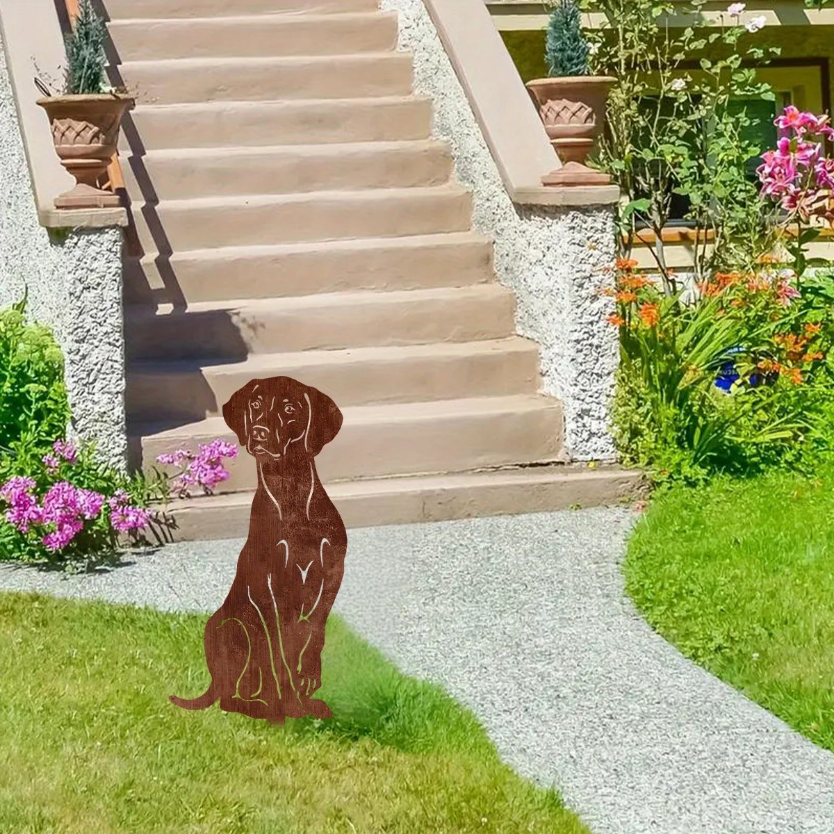 2D Flat Rusted Iron Staffy Dog Garden Art, Pet Memorial Sculpture & Stake for Patio, Backyard & Lawn