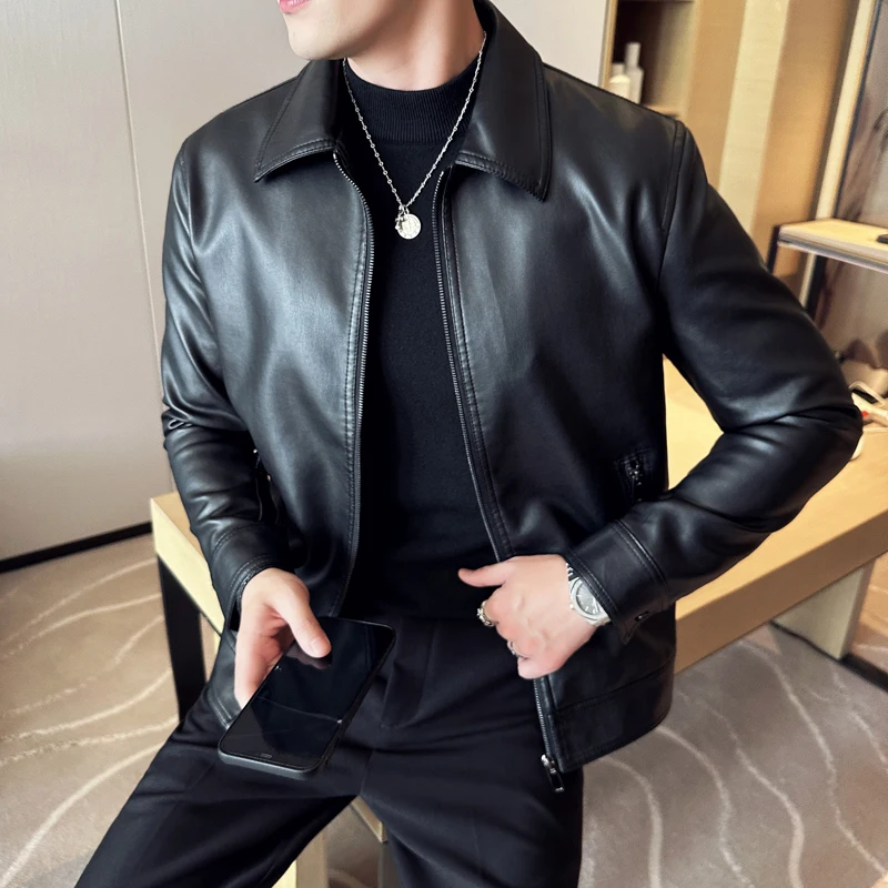 Men's Motorcycle Leather Jacket Large Size Pocket Black Zipper Lapel Slim Fit Male Spring Autumn High Quality PU Coat