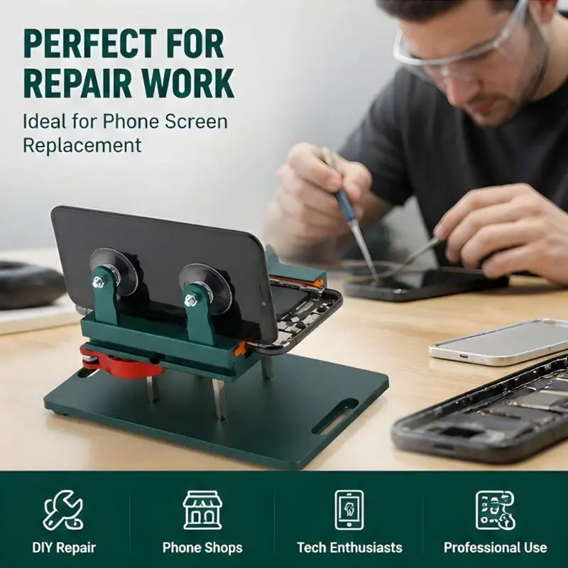 31BA Adjustable Screen Repair Support Clamp for Phone Work with Metal Base, Padded Grip Arms, and Suction Cup Parts for Opening