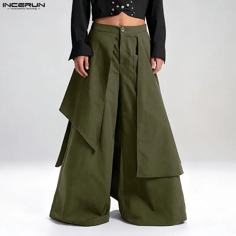 

INCERUN мужские широкие брюки однотонные брюки на пуговицах для бега оверсайз нерегулярные брюки мужские уличные свободные модные повседневные длинные брюки