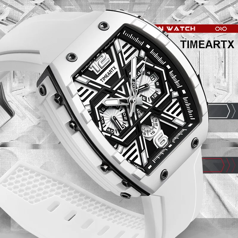 TIMEARTX Business Multi Function Chronograph Men Luminous Quartz Watches Curved Mirrors in Wine Barrels Watch