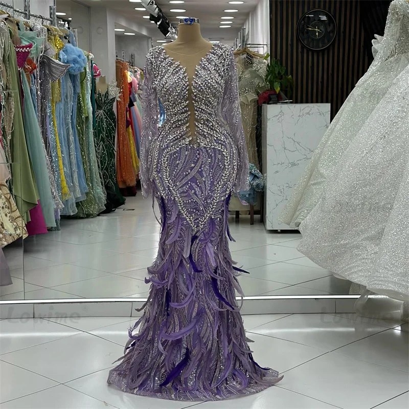 Feathers Purple Evening Dresses Mermaid Aso Ebi Long Sleeves Crystals 2025 Formal Party Second Reception Women Prom Gowns Custom
