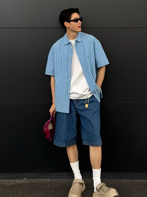 

Cleanfit Blue Denim Men's orts Retro y Wide Leg Pants Summer Sports Five-Quarter Length Straight Cut Faionable Casual