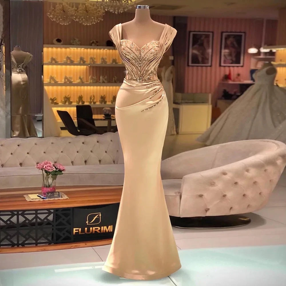 

Sexy Arabic Prom Dresses Gold Crystal Beaded See Through Satin Cap Sleeves Sweetheart Evening Dress Mermaid Formal Party Gowns