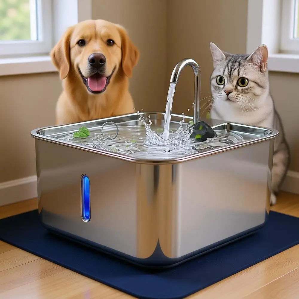 

Автоматический фонтанчик для воды из нержавеющей стали на 7 л для собак и кошек с большим водонепроницаемым ковриком – очень большой автоматический поилка для животных