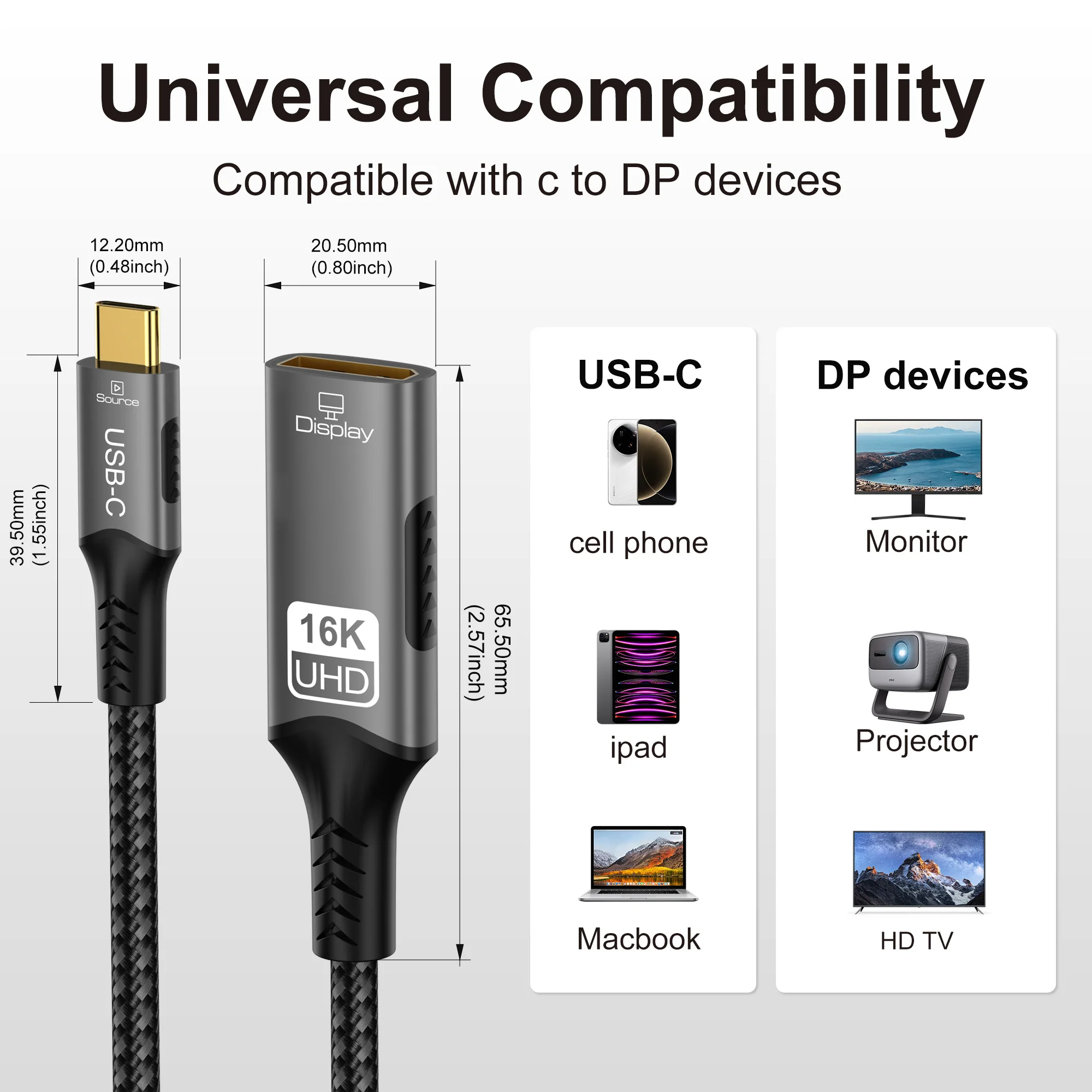 16K DP 2.1 Converter Type C to DP Extension Cable USB C to DisplayPort  Adapter For Thunderbolt 4 MacBook Huawei Air Projector