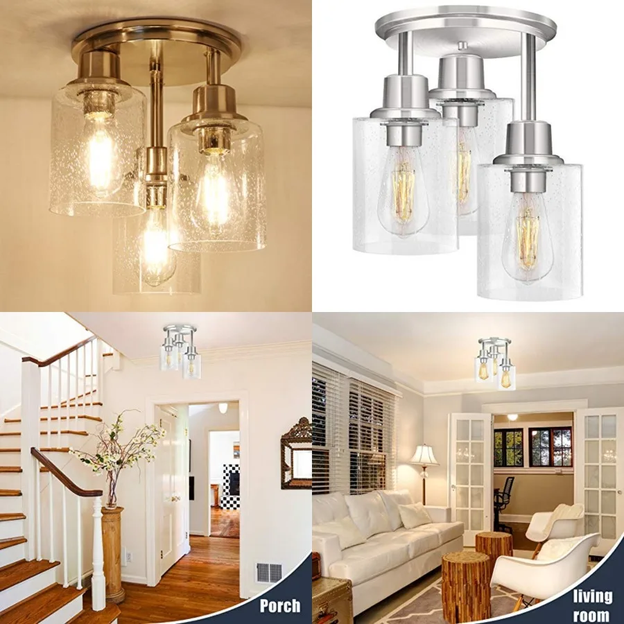 Semi Flush Mount Ceiling Light, 3-Light Close to Ceiling Light Fixtures, Brushed Nickel Finish Kitchen Light Fixture with Clear