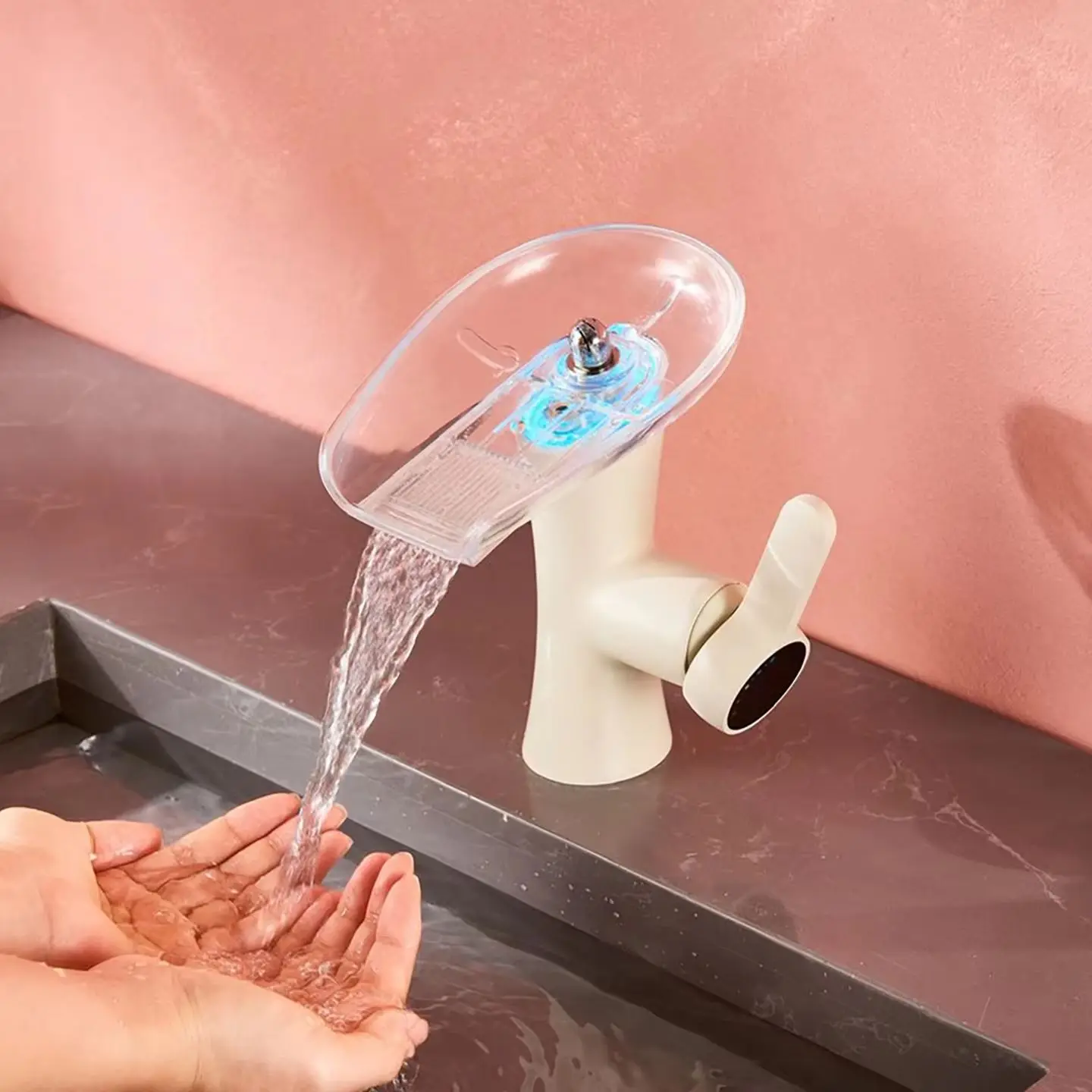 Waterfall Basin Faucet Transparent Spout Single Handle Bathroom Sink Mixer Tap, Large Stock, Fast Shipment