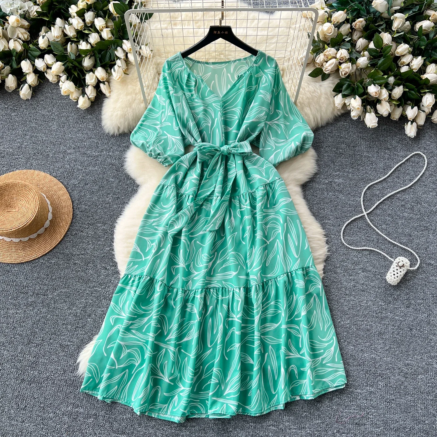 Summer Women Floral Printed Midi Dress Vintage V-Neck Short Sleeve High Waist A-Line Casual Vestidos Female 2023 New Fashion