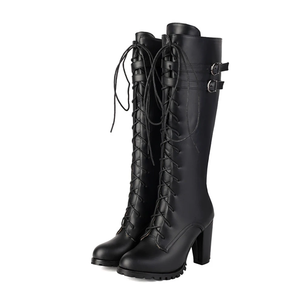 BLXQPYT Women High Heel Knee High Boots Lace Up Platform Chunky Heel Fashion Party Boots Big Size 32‑48 76-12