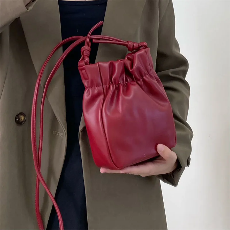 Korean Cute Pleated Bucket Bag Women Fashion All-Match Texture Soft Leather Mini Bag Popular Shoulder Crossbody Mobile Phone Bag