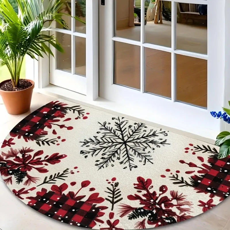 Christmas Buffalo Plaid Berries Semi Circle Doormat Winter Snowflake Welcome Mat