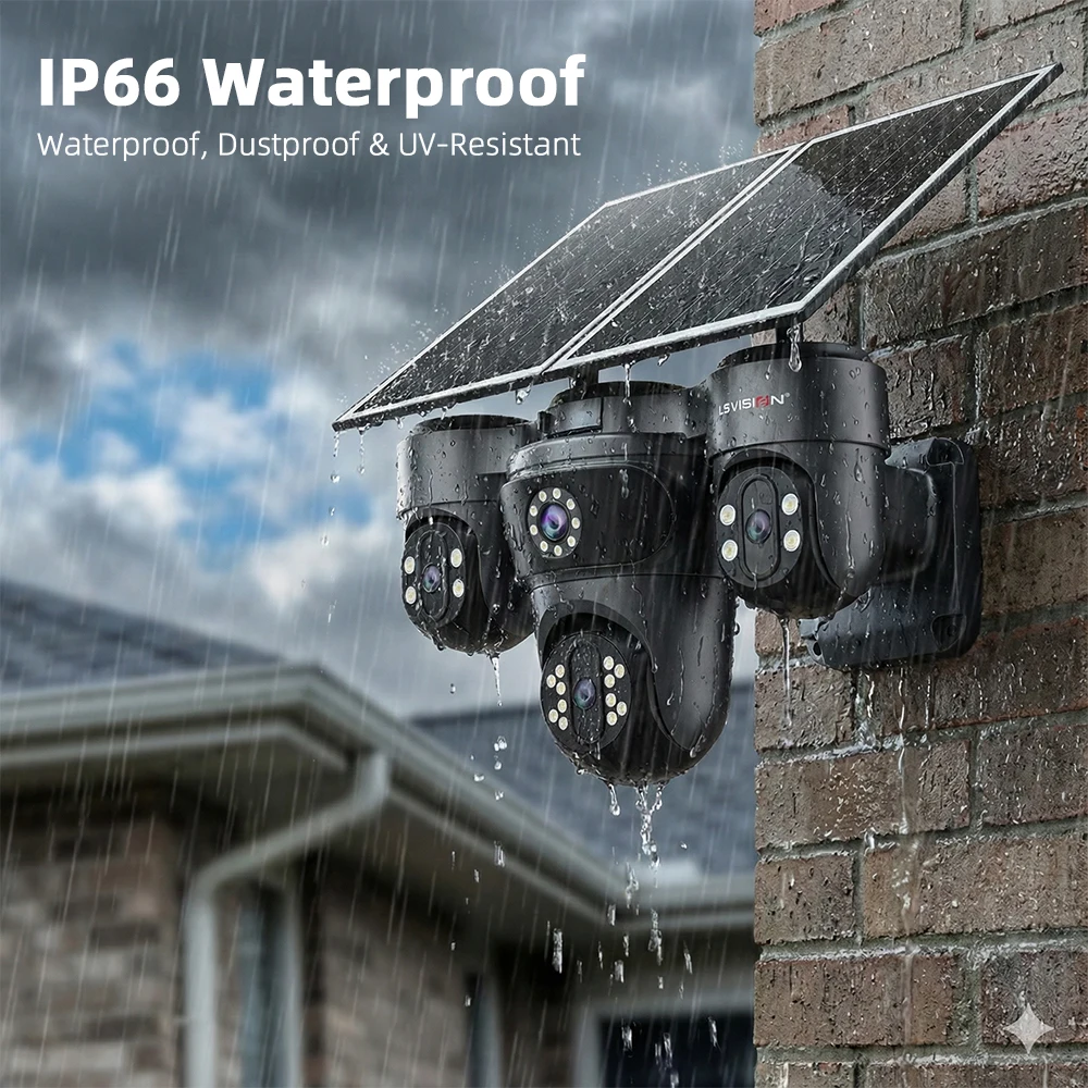 Cámara solar LS VISION 4*Screens AOV 4G con SIM 4G integrada en la nube, zoom óptico 12X, 3 lentes PTZ, vigilancia exterior, video con IA las 24 horas.