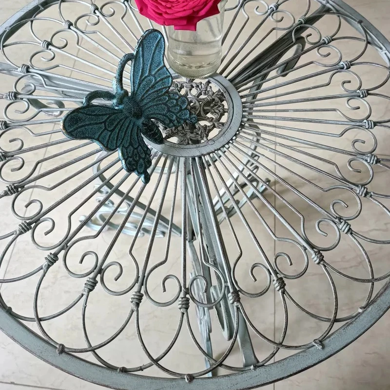 Vintage Blue Wrought Iron Folding Table with Floral Cutout Design