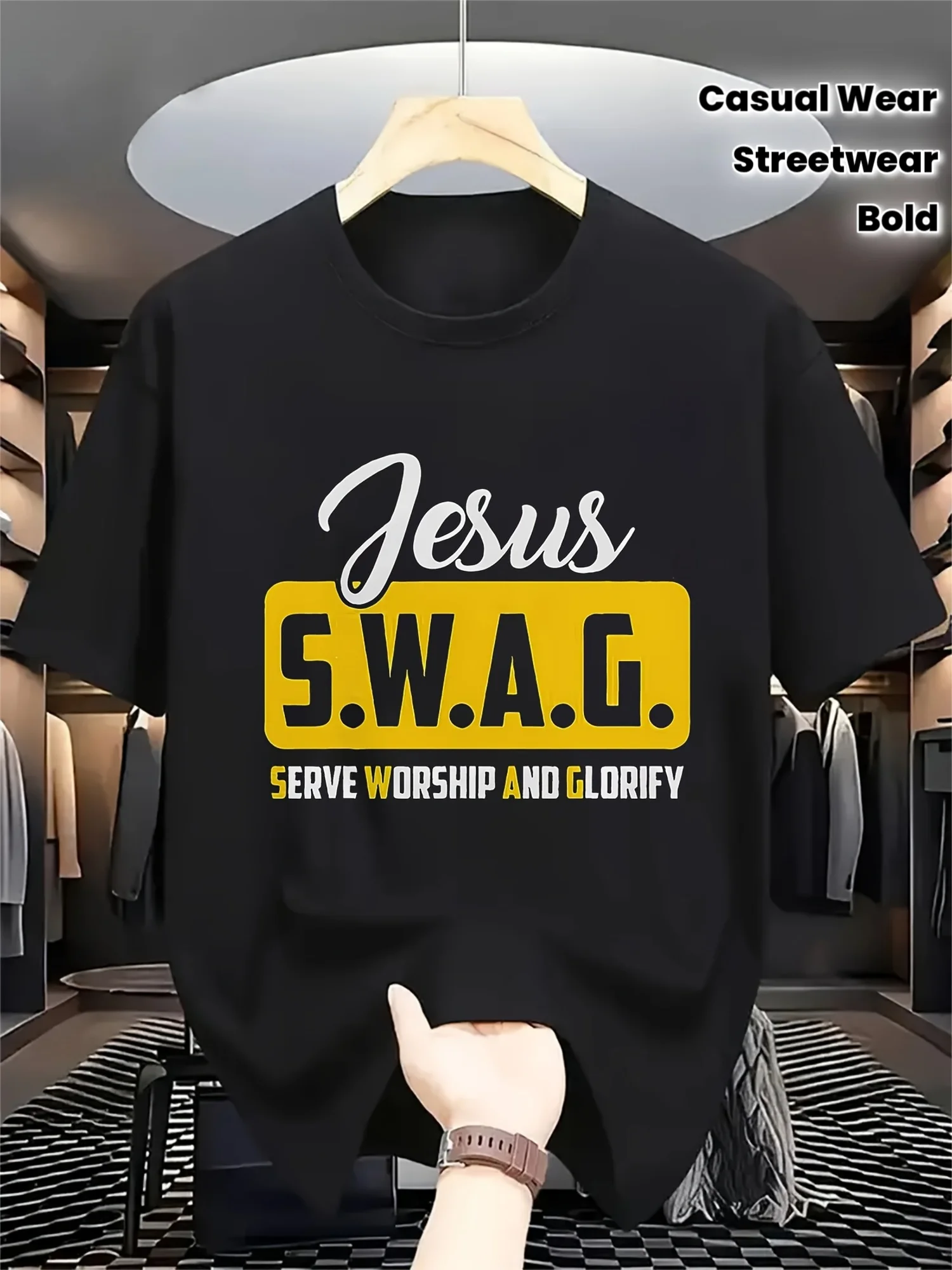 Men's Christian T-Shirt - Jesus Service Worship Glory SWAG - Black Religious Shirt with Yellow Embellishments