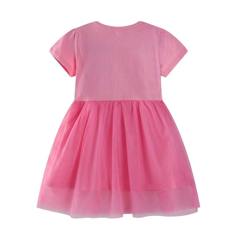 VIKITA Girls Pink Unicorn Summer Dress Kids Mesh Short Sleeve Tulle Dress Party Fashion Princess Tutu Dresses Kids Clothing 3-7Y