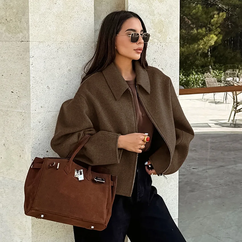 Retro Maillard Brown Woolen Coat Women's Autumn/Winter Loose Women's Jacket Collar Thick Coat Fashion Casual Women's Clothing