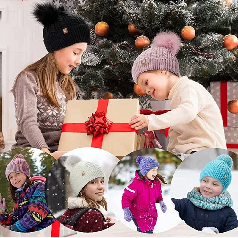 Wärme Hut Handschuhe Schal Set für Kinder 5-12 Jahre 3 in 1 Winter Strick Set Hut Schal Handschuhe Combo Fleece Futter Pom-Poms Mütze