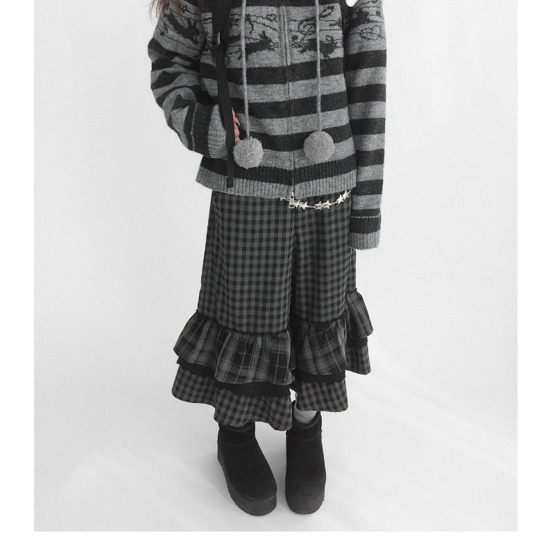 Retro Plaid Brushed Hem Ruffle Women's Mid-Length Pants Autumn New Design Lace Splicing A-Line Wide-Leg Cropped Pants Ladies