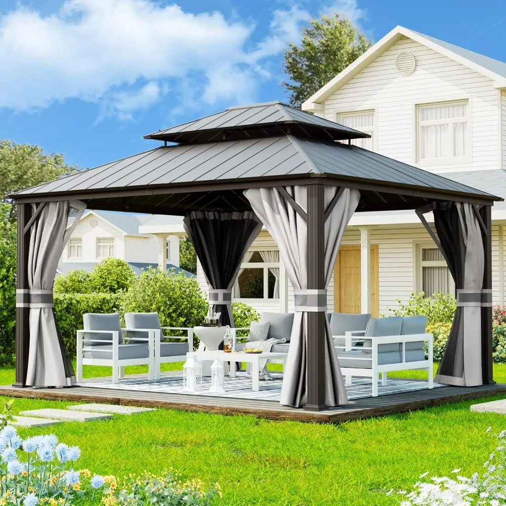 

12' X 14' Hardtop Gazebo, Galvanized Steel Double Roof Gazebo, Outdoor Metal Pergolas with Mosquito Netting and Curtains