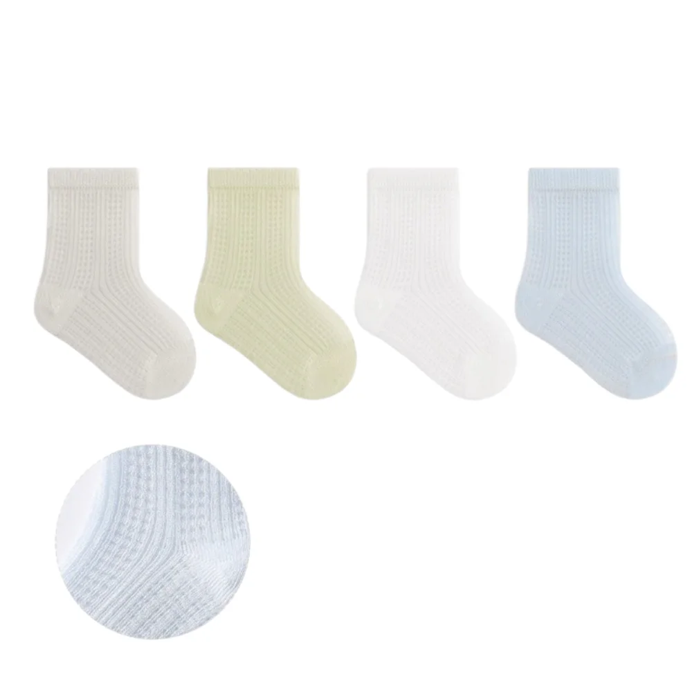 4 Pairs Combed Cotton Newborn Socks Thin Breathable Mid-calf Socks Boneless Construction Multi-pattern Baby Mesh Socks